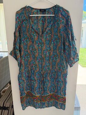 Tolani Teal Paisley Dress with Pink and Gold Accents